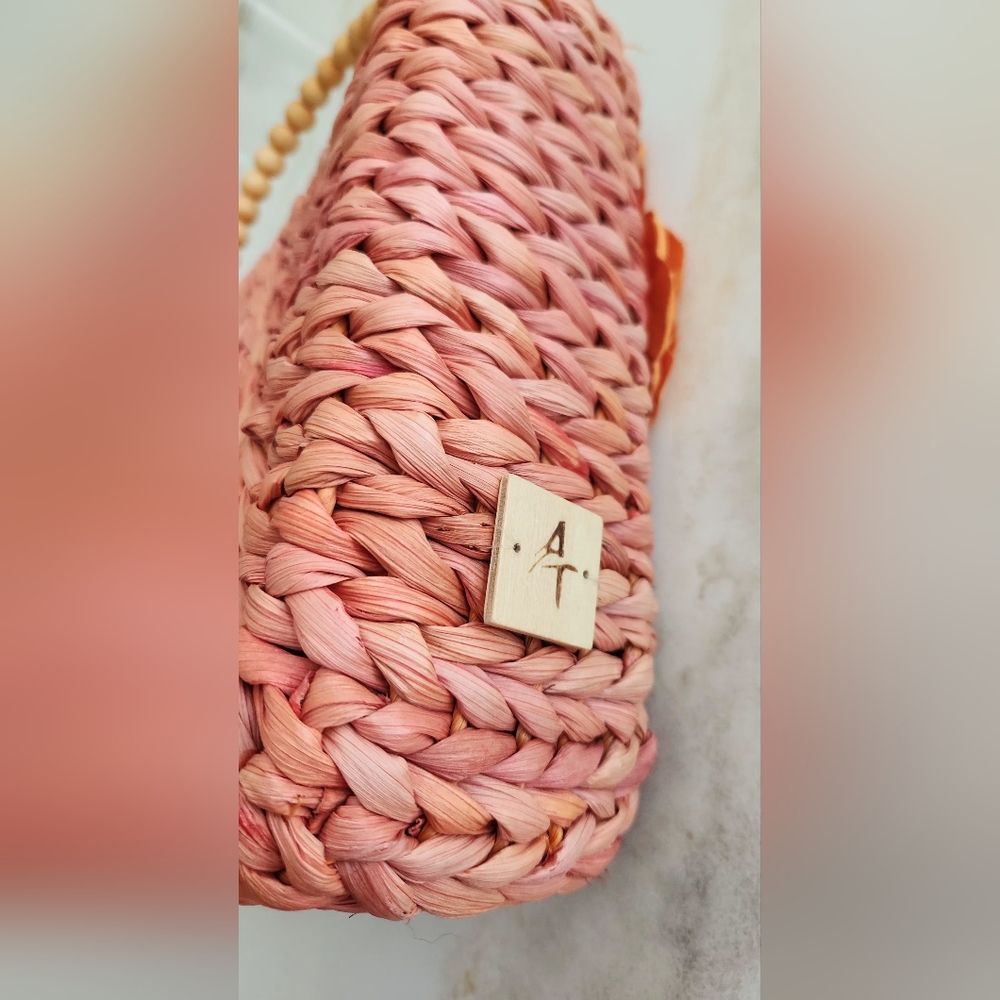 Orange Woven Summer Raffia Handbag with Gorgeous Orange Flower Accent - Picture 4 of 12